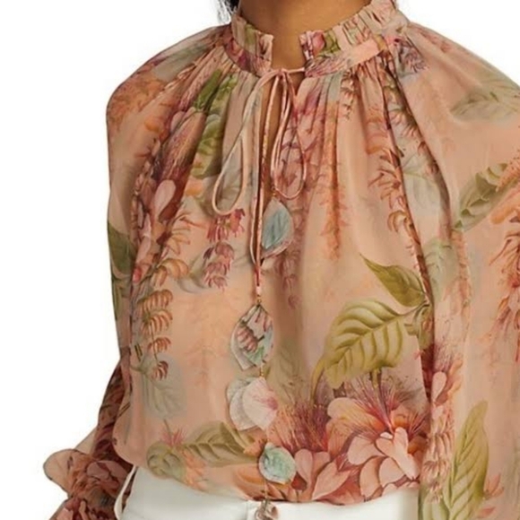 L'ATISTE Floral Semi-Sheer Self Tie Long Sleeve Coral Botanica Summer Top - Picture 2 of 12